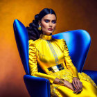 Woman in Bright Yellow Dress with Blue Accents Sitting in Blue Chair on Warm Orange Background