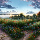 Tranquil sunset landscape with winding path through wildflowers