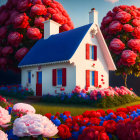 White House with Red Accents Surrounded by Pink and Red Flowers