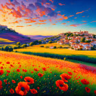 Scenic painting of village with poppy fields and sunset sky