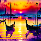 Vibrant Venice Sunset with Gondolas and Church Silhouette