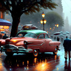 Vintage Car on Rainy Street with Lit Street Lamps and Umbrella People