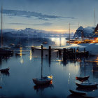 Tranquil twilight scene with boats, illuminated houses, and distant mountains