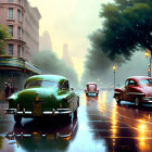 Classic Cars Parked on Rainy City Street with Wet Roads and Misty Skyscrapers