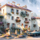 Charming street scene with white houses, flower boxes, and classic cars