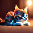 Adorable kittens with striking markings cuddle in warm light