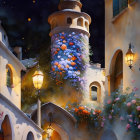 Enchanting night street with flower-adorned buildings and glowing lanterns