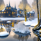 Snow-covered cottages by tranquil river in winter scene