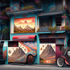 Traditional buildings, vibrant tuk-tuk, bus, and mountainous landscape art.