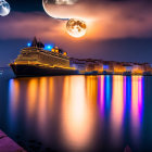 Cruise ship at night with colorful reflections and triple moon effect