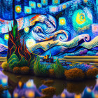 Colorful landscape painting with swirling skies, fiery tree, reflective water, and whimsical village.