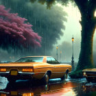 Classic Cars Parked Under Cherry Tree in Rain Shower