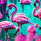 Pink flamingos in teal water: a vibrant flock scene.