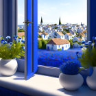 Charming village scene with white houses, spires, and blue flowers from an open window