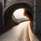 Curved cobblestone path with stone walls and autumn leaves leading to distant tower.