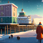 Snow-covered dock scene with people, colorful buildings, and dramatic sunset sky