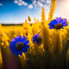 Close-up of vibrant blue and yellow flowers under bright sun