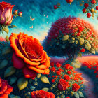 Fantastical garden scene with oversized red roses and butterflies in serene atmosphere