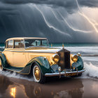 Vintage Car on Beach During Stormy Weather with Lightning