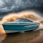 Blue glossy motorboat speeding on water under dramatic sky