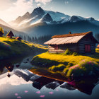 Serene river landscape with boats, gazebo, mountains at sunset