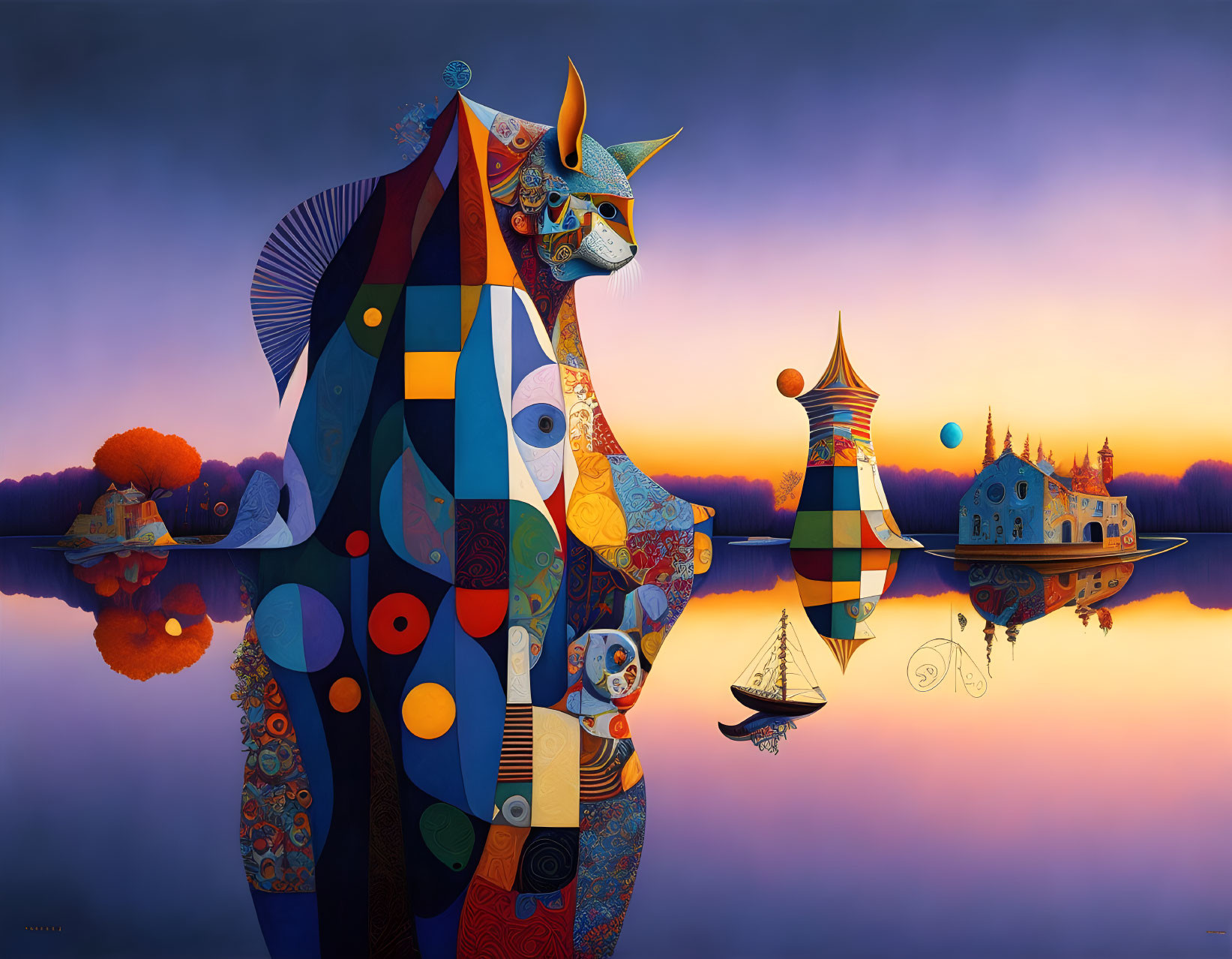 Colorful Surreal Painting: Patchwork Cat, Architectural Structures, Boat Reflection