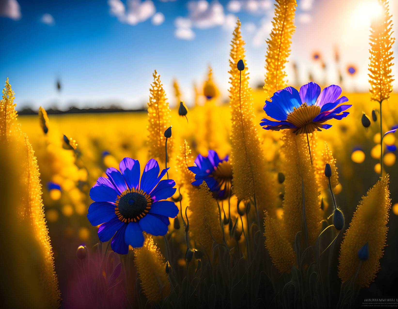 Close-up of vibrant blue and yellow flowers under bright sun