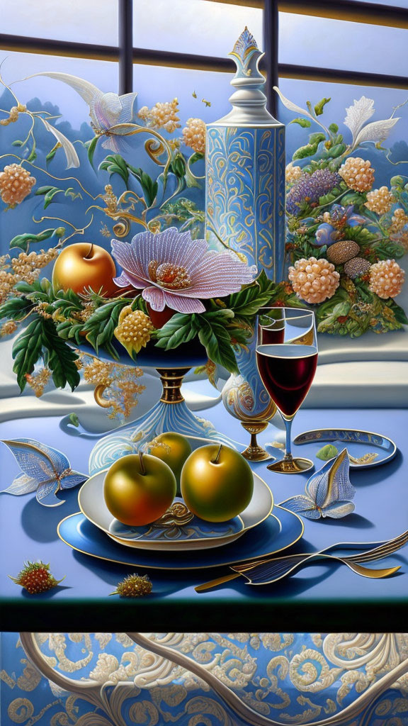 Classic Still-Life Painting with Vase, Fruits, Wine, and Vineyard View