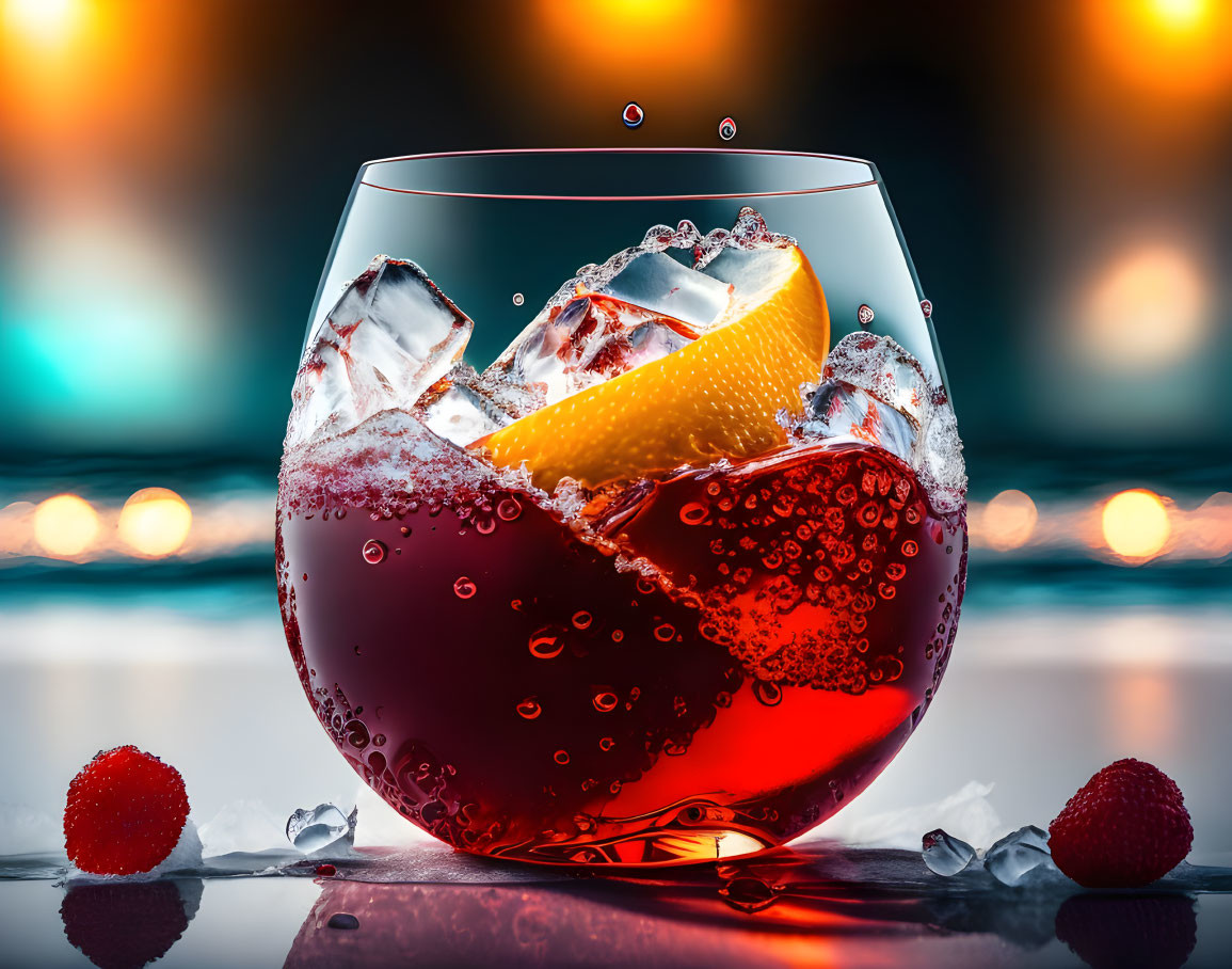 Red cocktail with ice, orange slice, and raspberries on blurred background