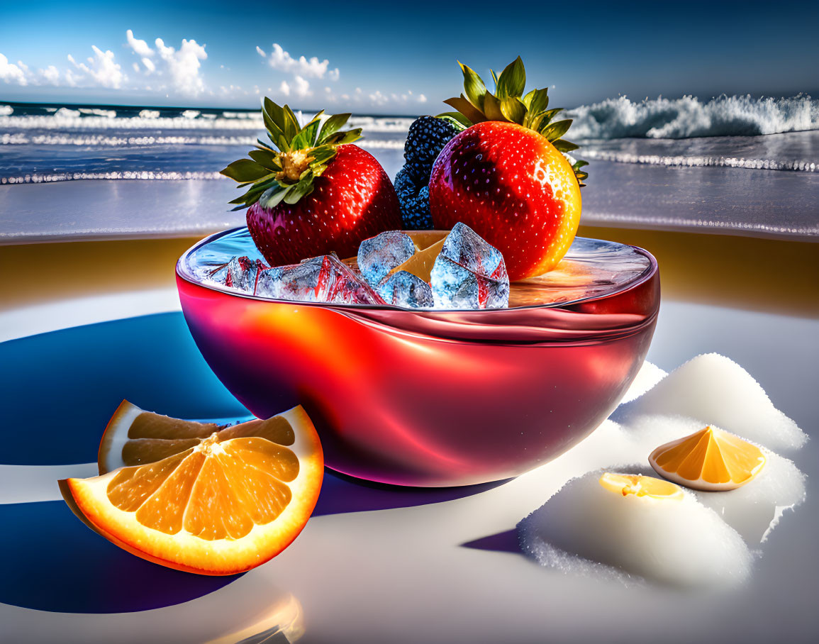 Colorful still life with glass bowl, ice cubes, strawberries, orange slices, and sugar cubes on