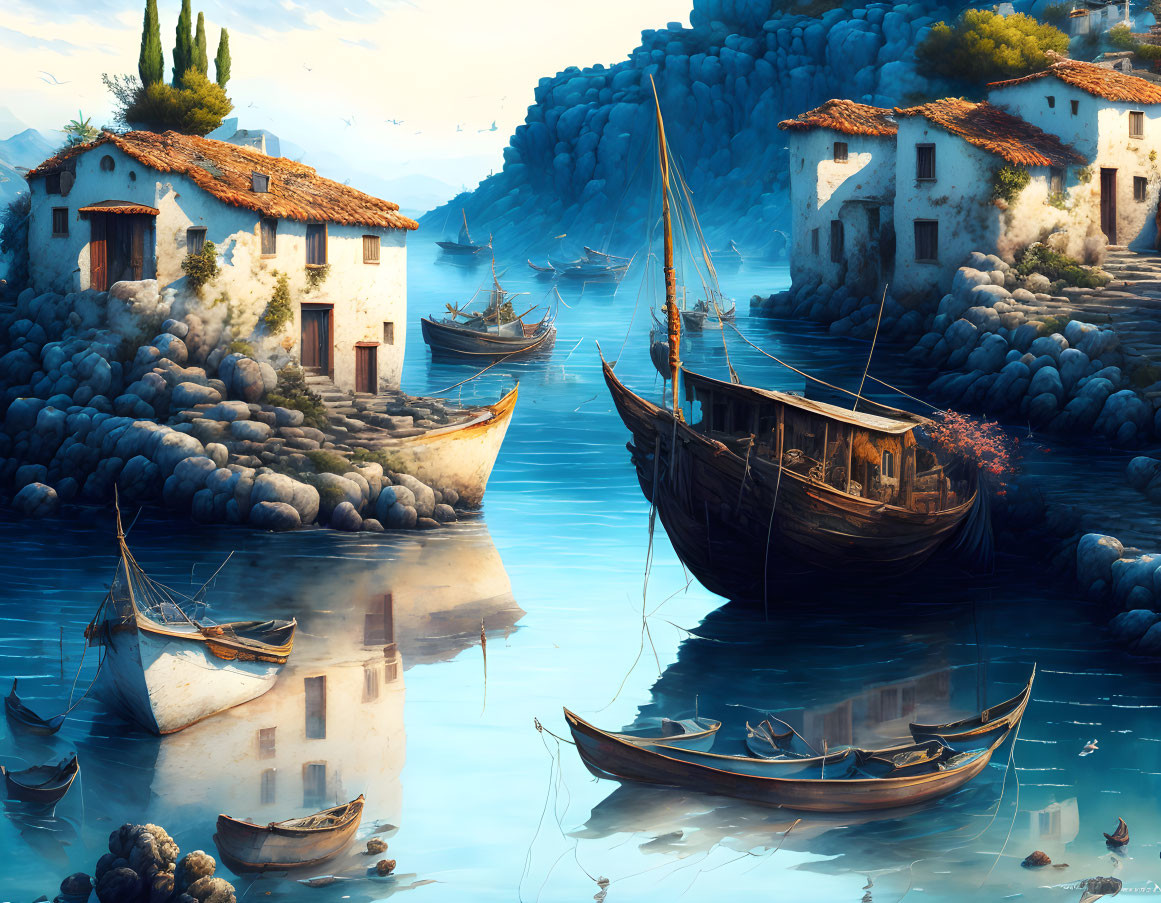 Traditional white houses, wooden boats, and rocky shores in a serene coastal scene