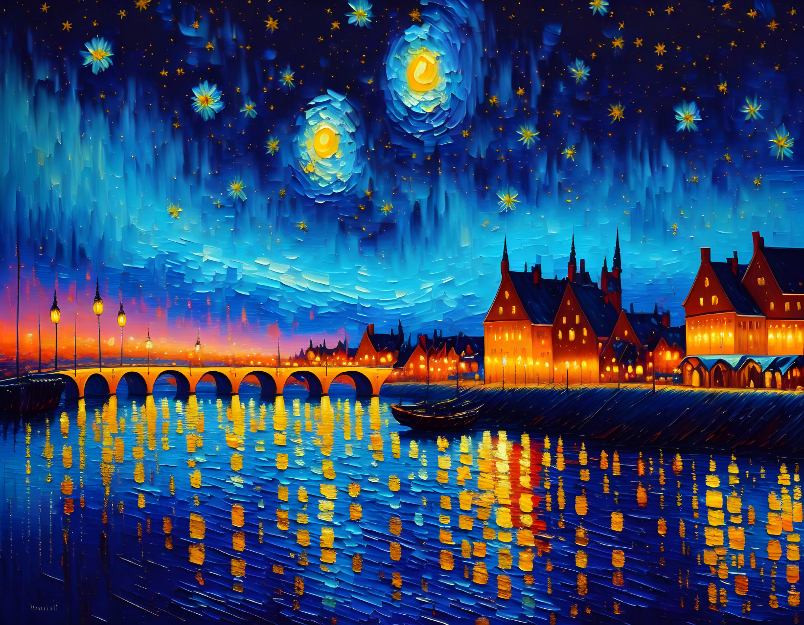 Impressionist-style painting of starry night over quaint town with lit bridge and river reflection.