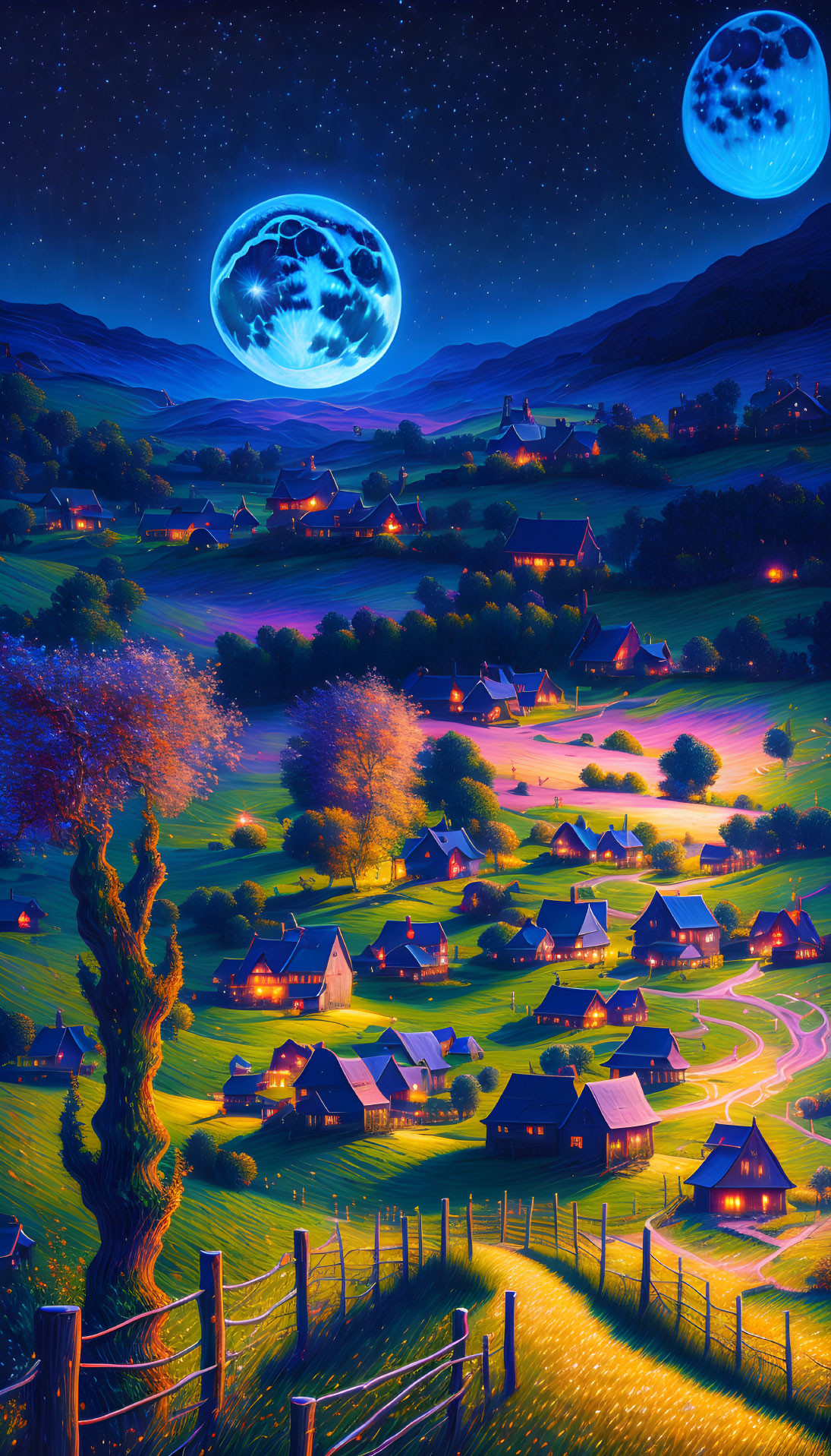 Full Moon Night Scene: Quaint Village, Rolling Hills, Glowing Houses