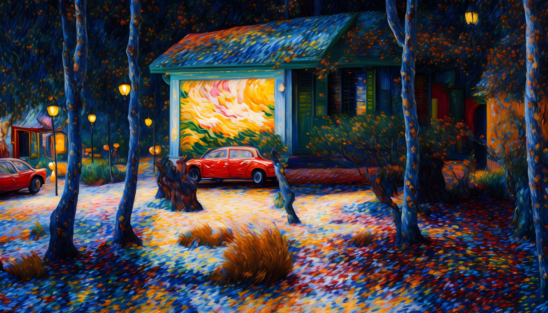 Colorful Impressionist Painting: Red Car Under Shelter with Trees and Street Lamps