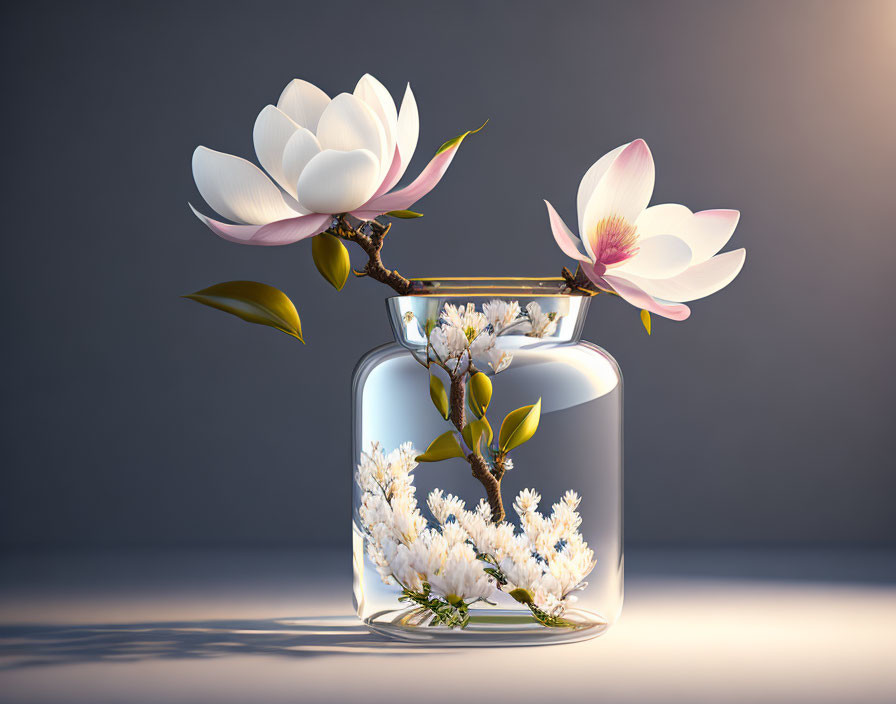 Glass Vase with White Flowers and Magnolias on Gray Background