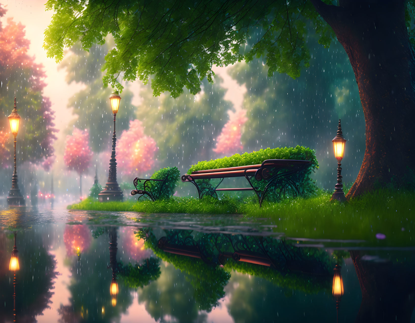 Tranquil park scene with bench, lamp posts, trees, and rain puddle at twilight