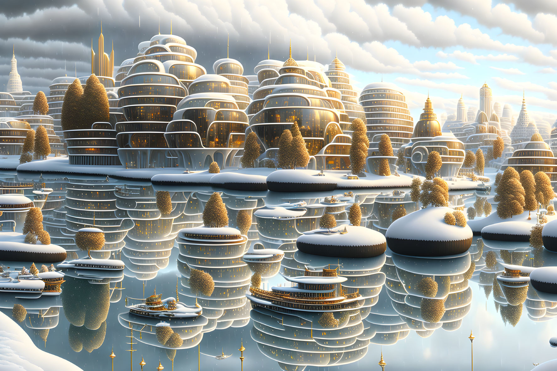 Futuristic cityscape with dome structures in snowy landscape