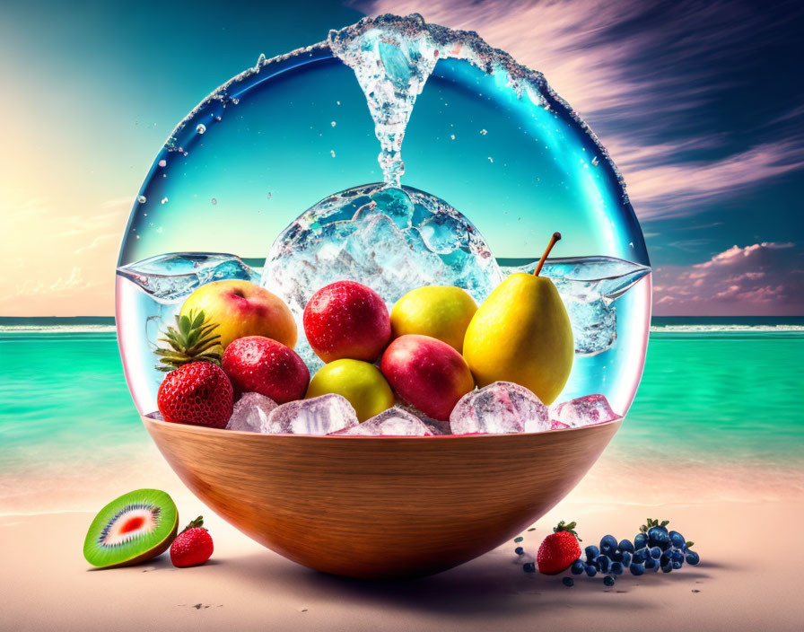 Colorful fruit bowl with ice on tropical beach background