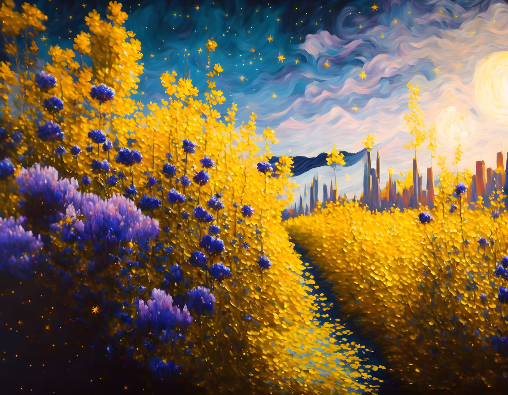 Colorful field painting with starry sky and city skyline