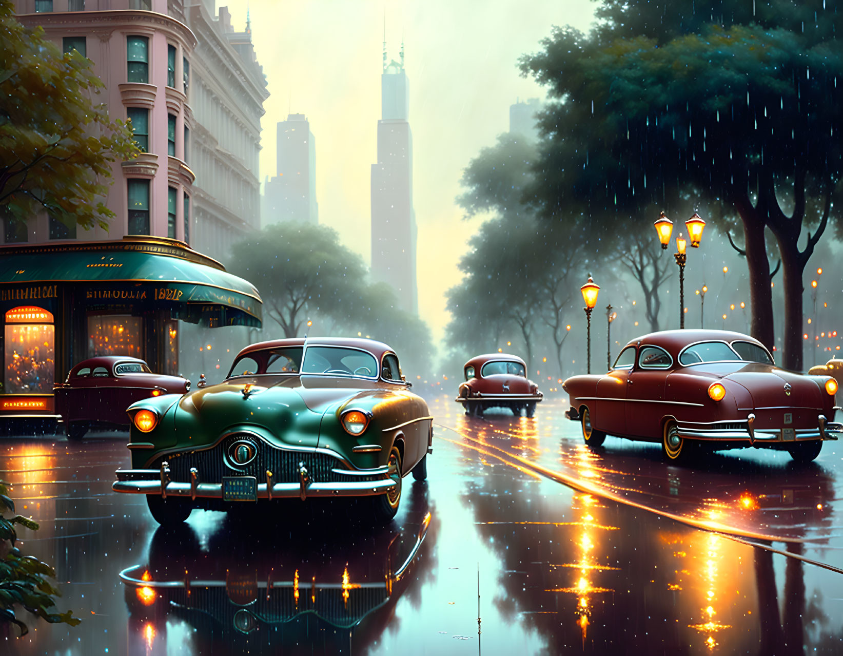 Classic Cars Parked on Rainy City Street with Wet Roads and Misty Skyscrapers