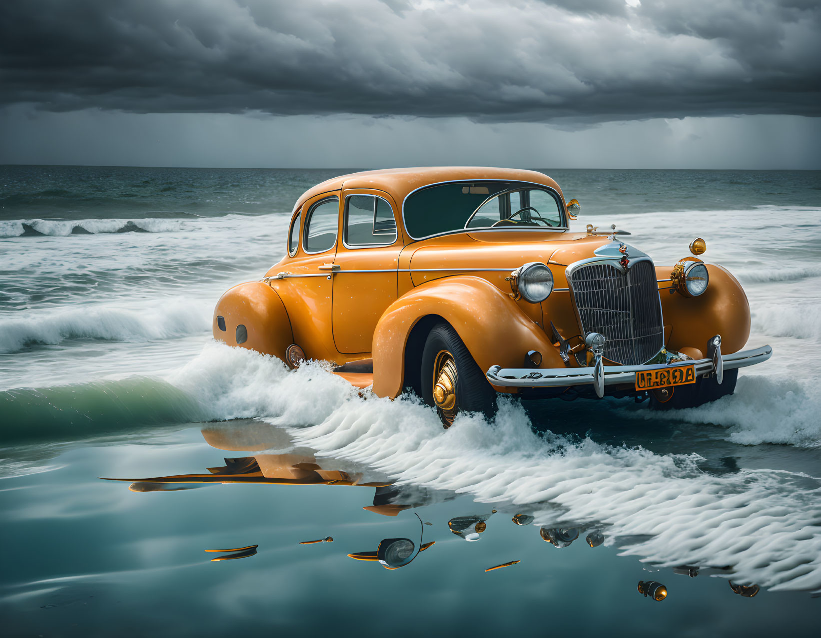 Vintage Orange Car with White-Wall Tires by Ocean in Stormy Sky