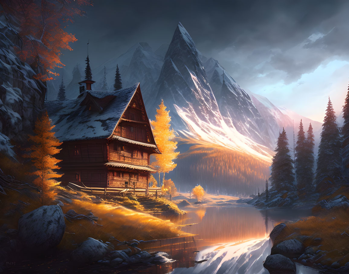 Tranquil autumn scene: wooden cabin, lake, orange trees, snowy mountains