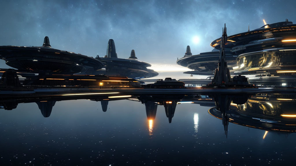 Futuristic spaceport with sleek buildings and spacecraft under starlit sky