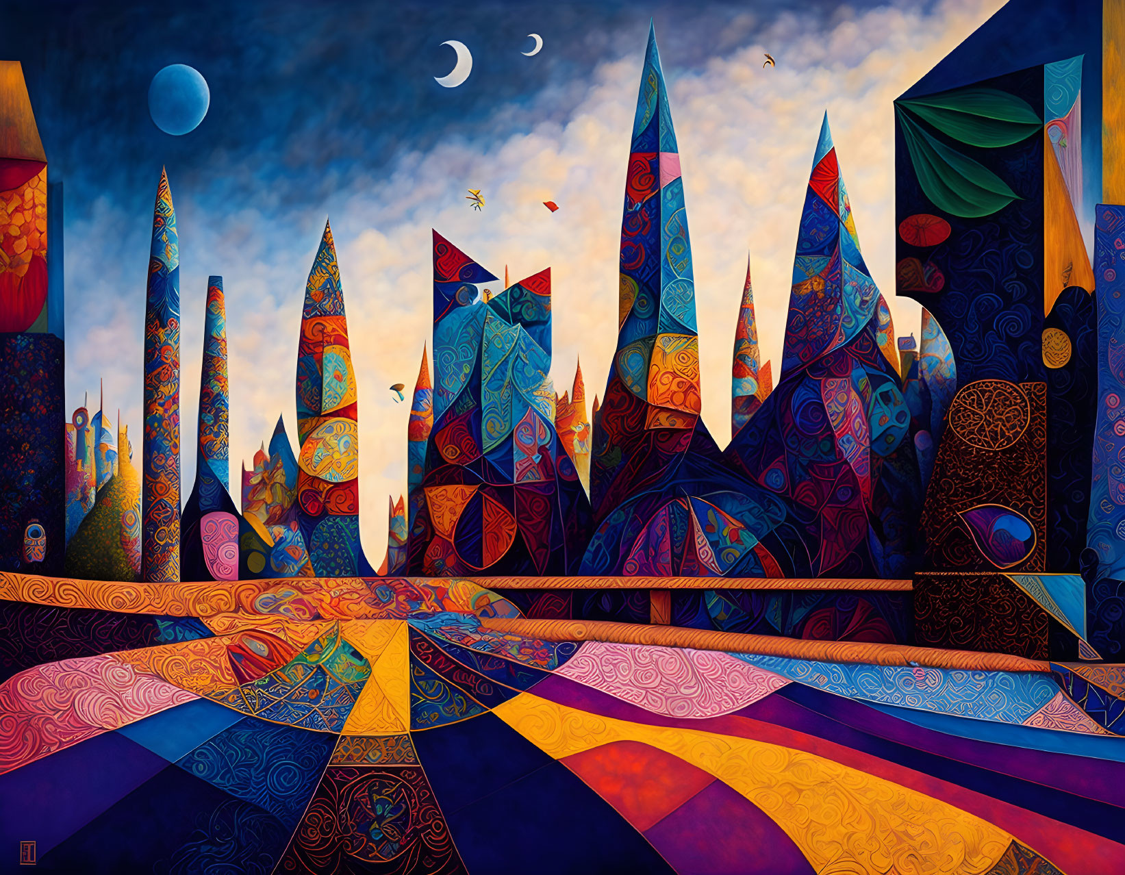 Colorful surreal landscape with sun, moon, spires, birds, and floating crescents