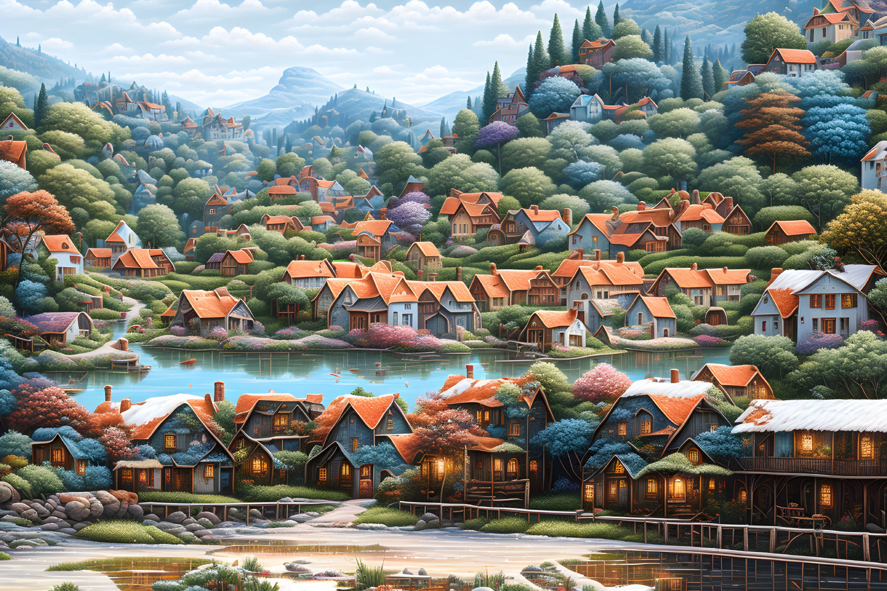 Scenic village with cozy houses, rolling hills, vibrant foliage, and serene waterways