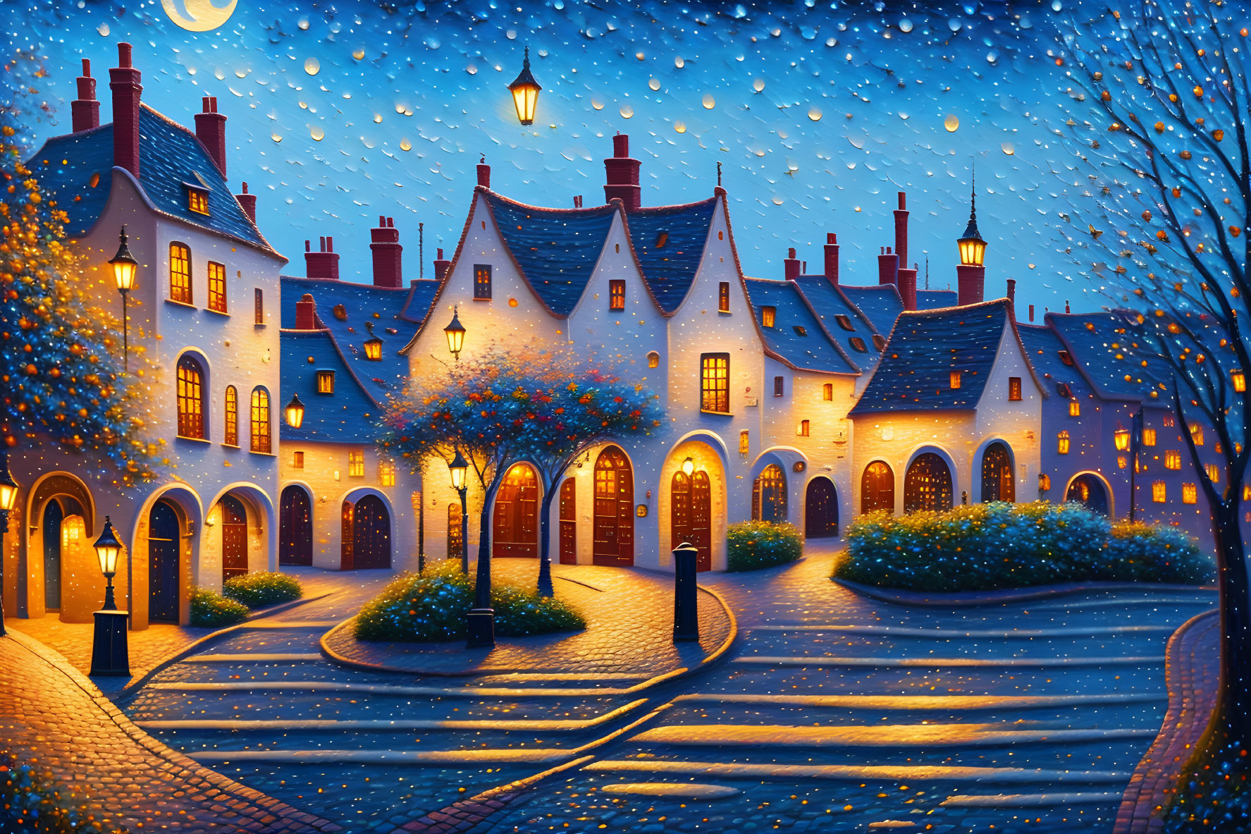 Charming cobblestone street at night with glowing houses and falling snow