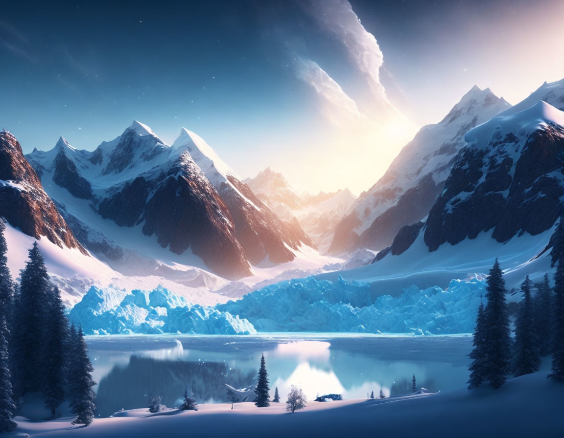 Snow-covered mountains, calm lake, pine trees, twilight sky with comet trails