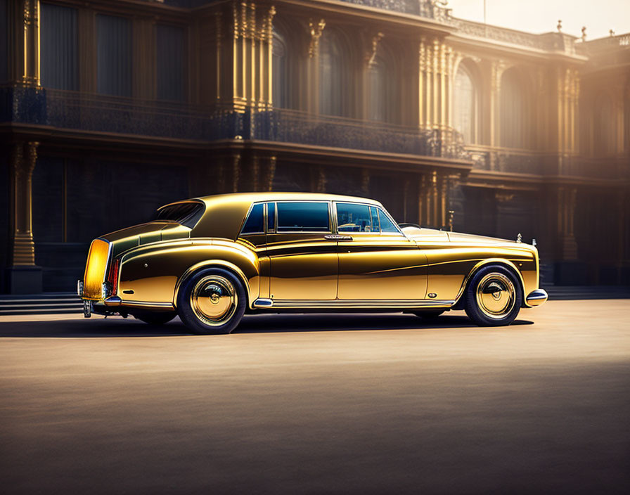 Luxury Gold and Black Classic Car Parked Outside Stately Building