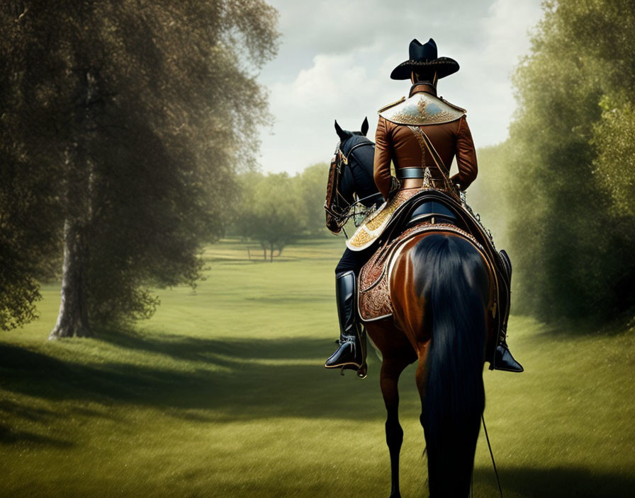 Historical figure in equestrian attire on horse admiring tranquil landscape