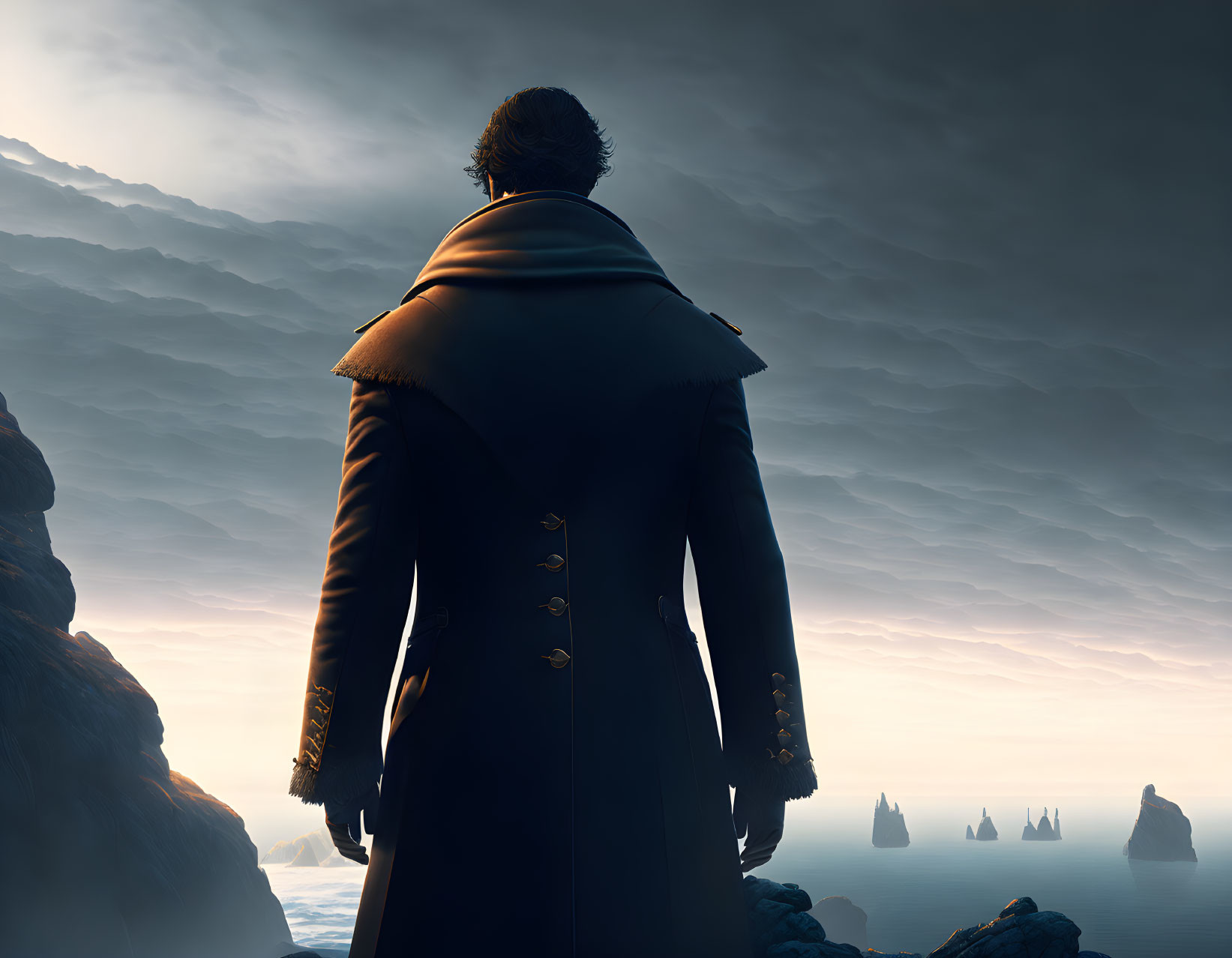 Man in period coat gazes at misty sea and sailboats from cliff at dusk